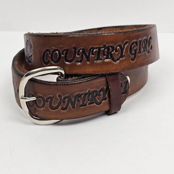 Vintage Brown Genuine Leather Western Country Girl Red Rose Embossed Tooled Belt - Picture 10 of 10